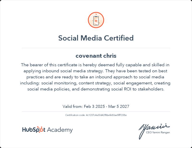 Social Media Certified certificate from HubSpot Academy