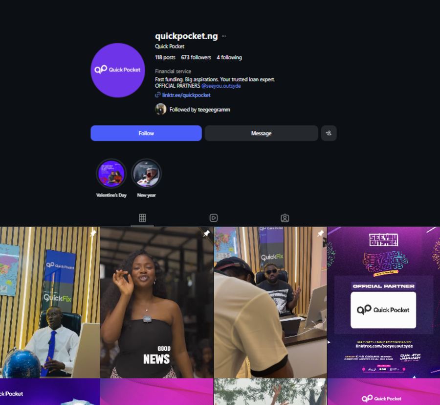 QuickPocket Instagram profile after